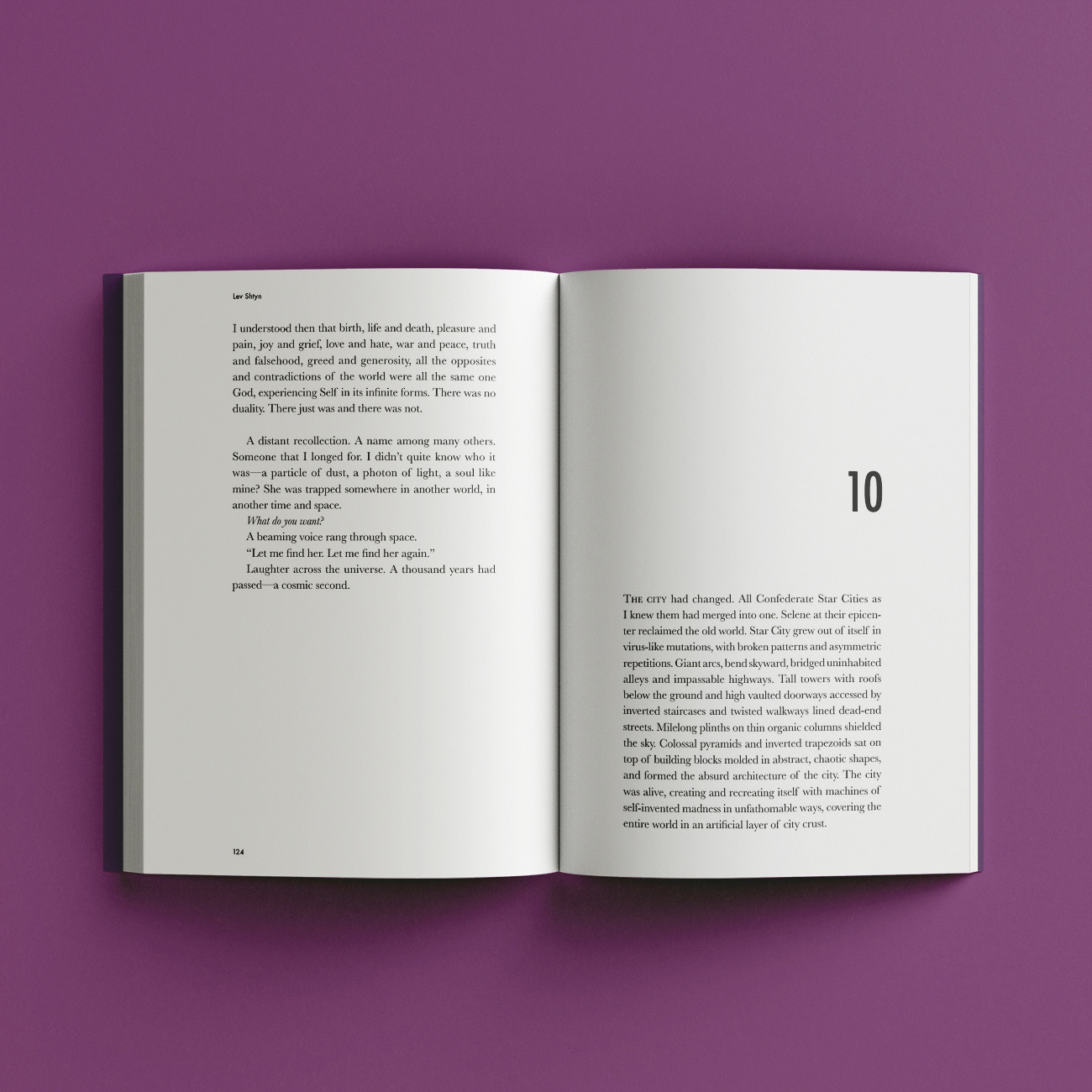 Mockup of an open book showing the book layout design on a purple background