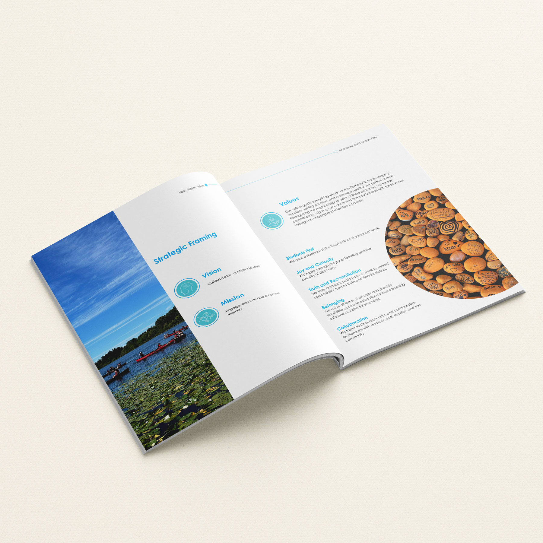 Mockup of an open catalogue showcasing layout design on a light background